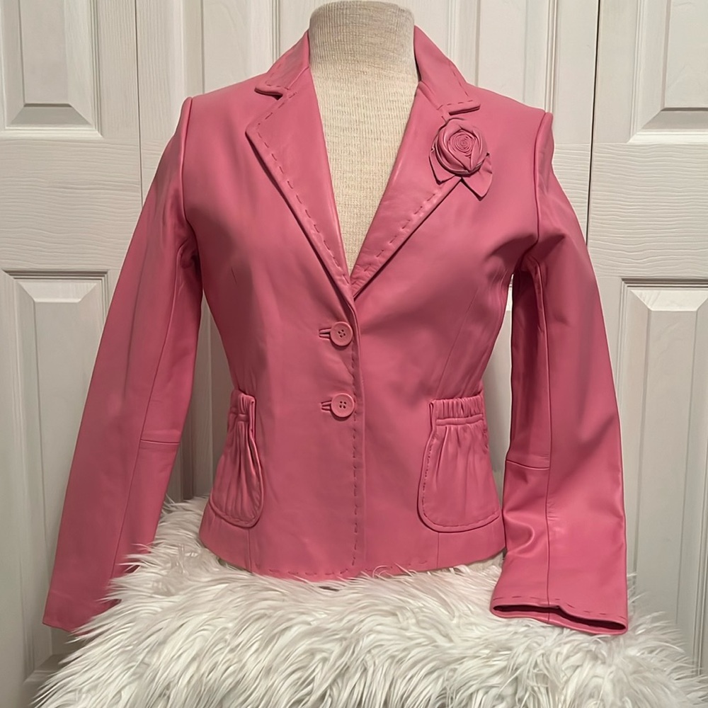 Women’s Vintage Wilsons Leather Pink Jacket with Decorative Rose Size Small